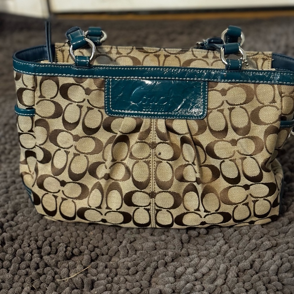 Coach Tan and Green Shoulder Bag with Signature Monogram